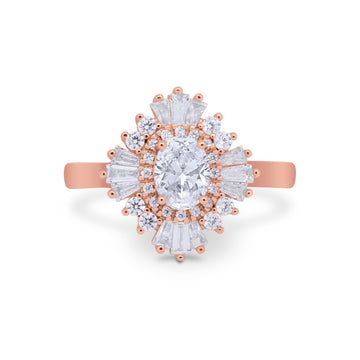 Art Deco Vintage Oval Halo Wedding Ring Rose Tone, Simulated Cubic Zirconia 925 Sterling Silver